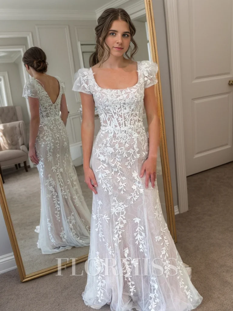 Sheath Square Short Sleeves Appliques Lace Sweep Train Tulle Corset Dress