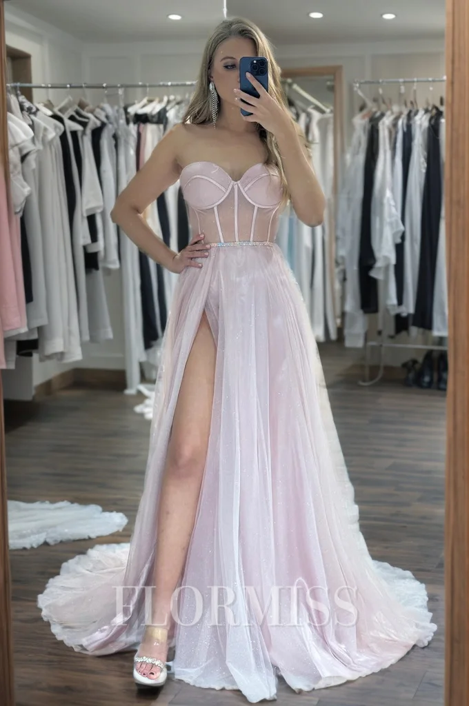 A-line Sweetheart Beading Sweep Train Tulle Corset Dress