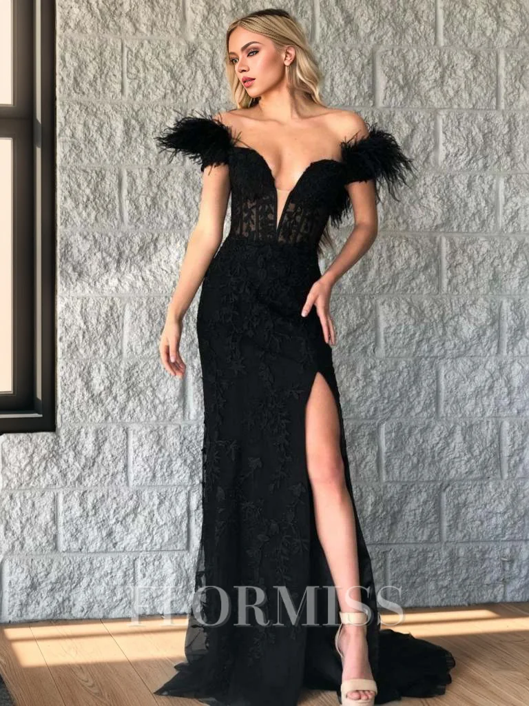Sheath Off-the-Shoulder Feather Sweep Train Tulle Corset Dress