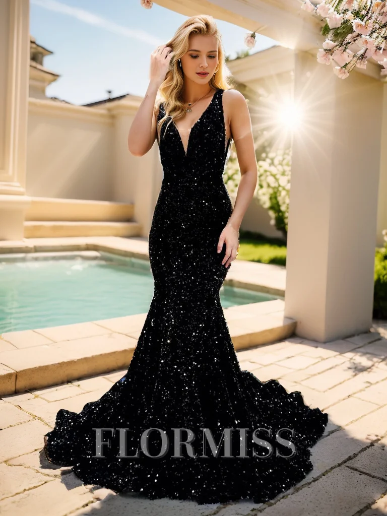 Mermaid V-neck Sequin Sweep Train Velvet Sequins Dress