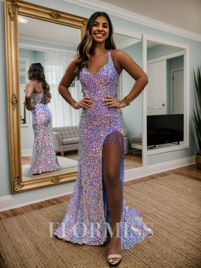 Sheath V-neck Sequin Sweep Train Velvet Sequins Dress