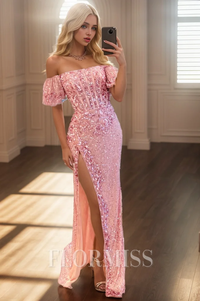 Sheath Off-the-Shoulder Short Sleeves Beading Sweep Train Corset Dress