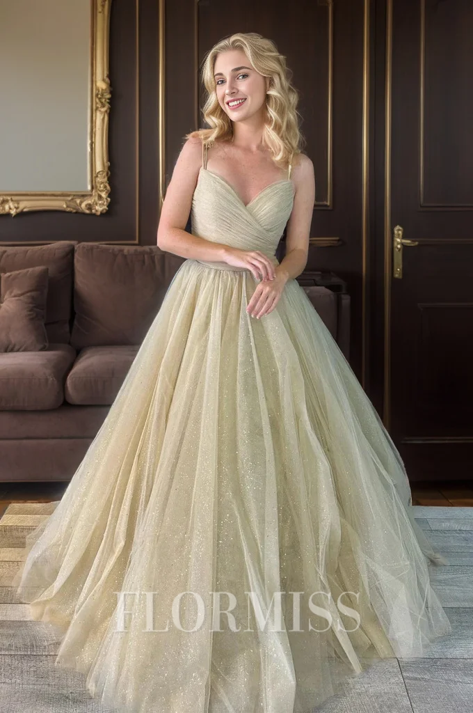 A-line V-neck Pleated Floor-Length Dress