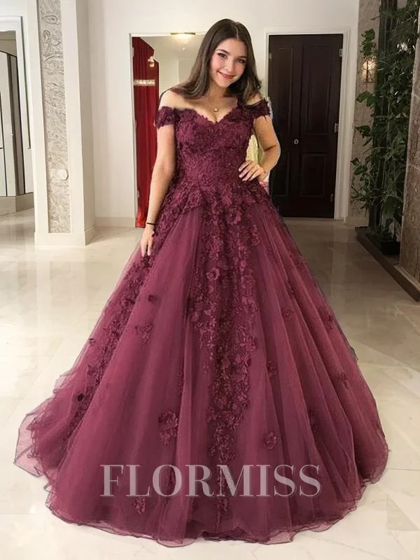 Ball Gown Off-the-Shoulder Sweep Train Tulle Prom Dresses With Appliques Lace