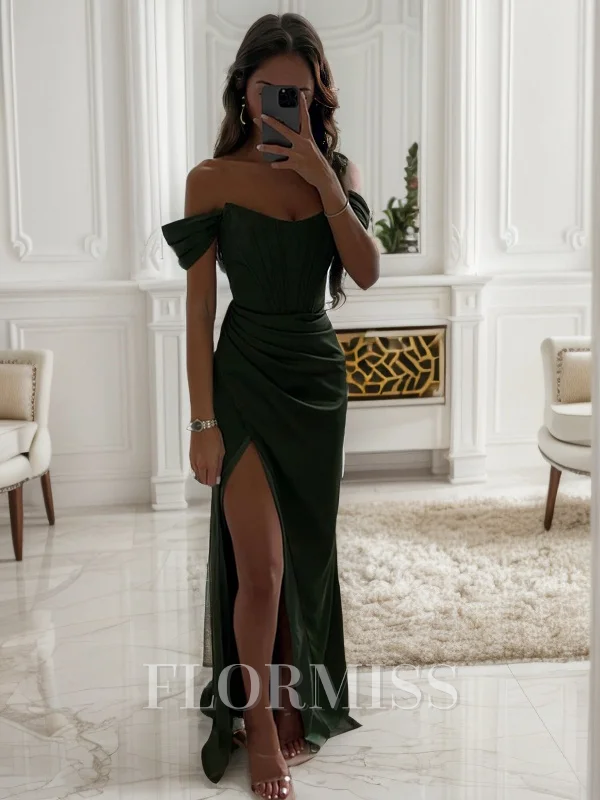Sheath/Column Silk Like Satin Ruched Off-the-Shoulder Sleeveless Sweep/Brush Train Dresses