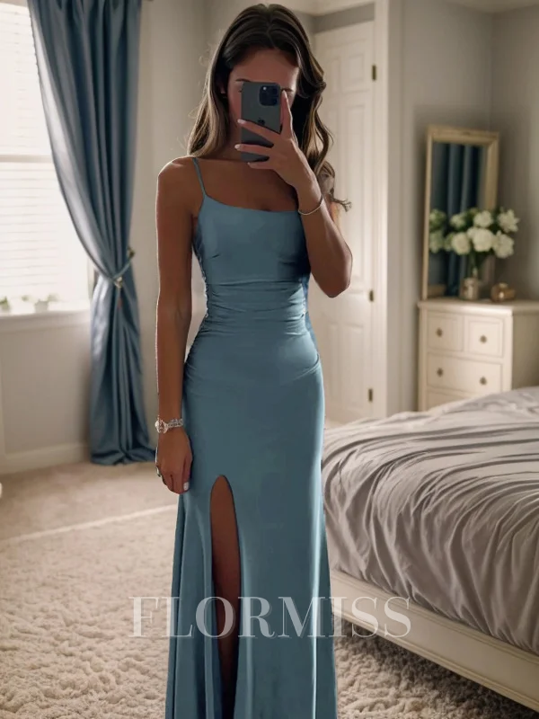 Sheath/Column Silk Like Satin Spaghetti Straps Sleeveless Floor-Length Dresses