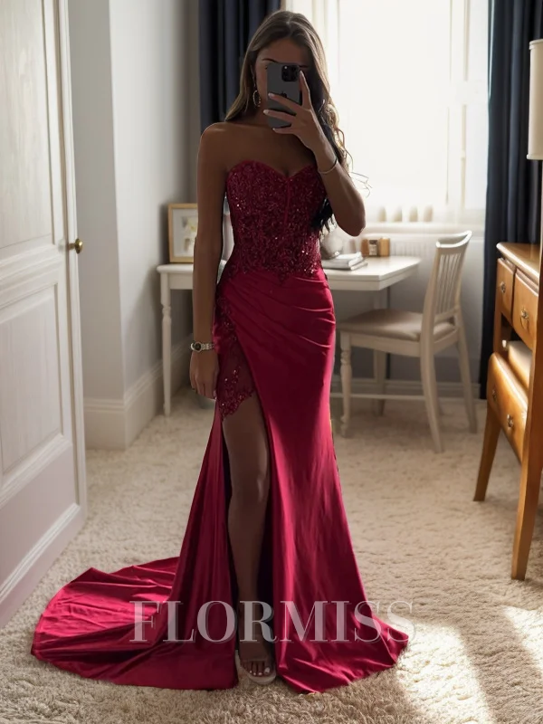 Sheath/Column Silk Like Satin Sequin Sweetheart Sleeveless Court Train Dresses