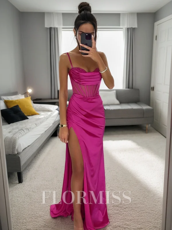 Sheath/Column Silk Like Satin Ruched Spaghetti Straps Sleeveless Sweep/Brush Train Dresses