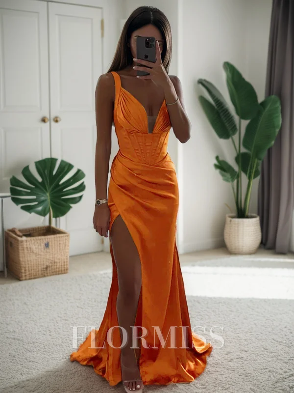 Sheath/Column Silk Like Satin Ruched V-neck Sleeveless Sweep/Brush Train Dresses