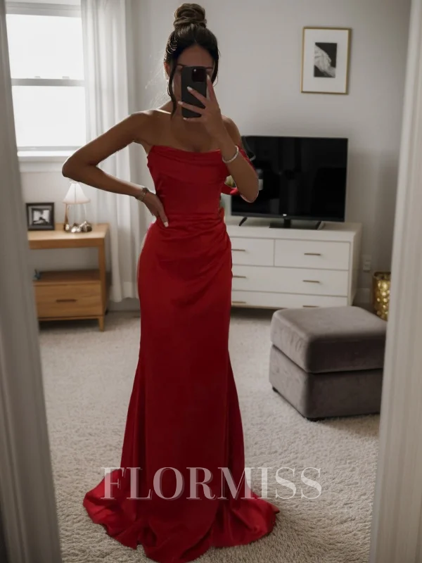 Sheath/Column Silk Like Satin Ruched One-Shoulder Sleeveless Sweep/Brush Train Dresses