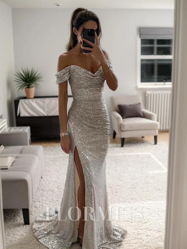 Sheath/Column Ruched Off-the-Shoulder Sleeveless Sweep/Brush Train Dresses