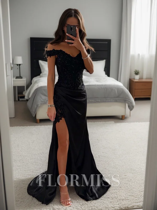 Sheath/Column Silk Like Satin Applique Off-the-Shoulder Sleeveless Sweep/Brush Train Dresses