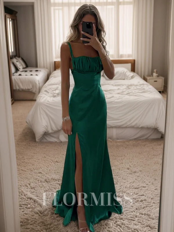 Sheath/Column Silk like Satin Ruched Spaghetti Straps Sleeveless Sweep/Brush Train Dresses