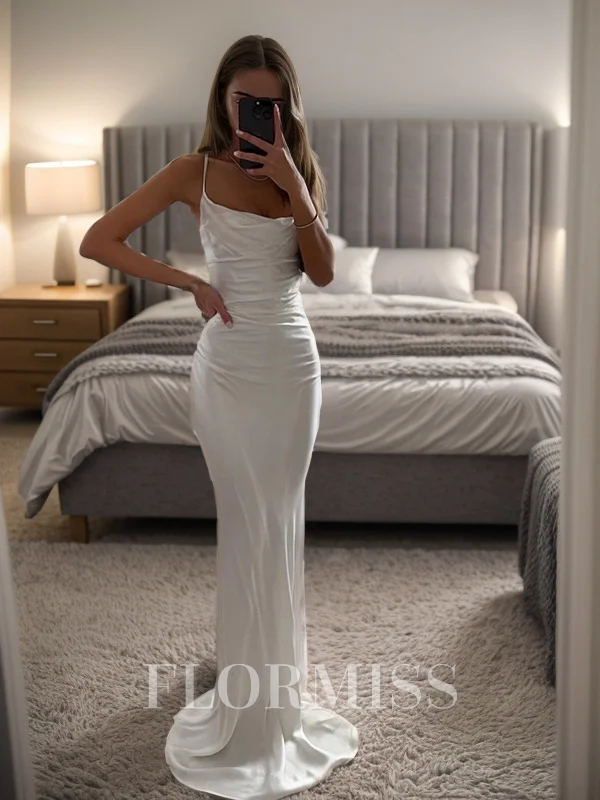 Sheath/Column Silk Like Satin Ruched Spaghetti Straps Sleeveless Sweep/Brush Train Dresses