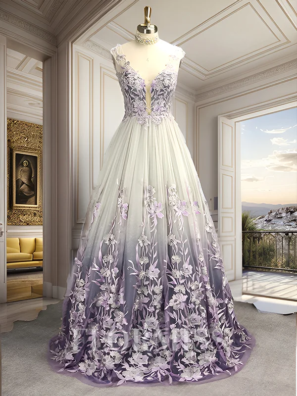 A-Line/Princess V-neck Tulle Applique Sleeveless Floor-Length Dresses
