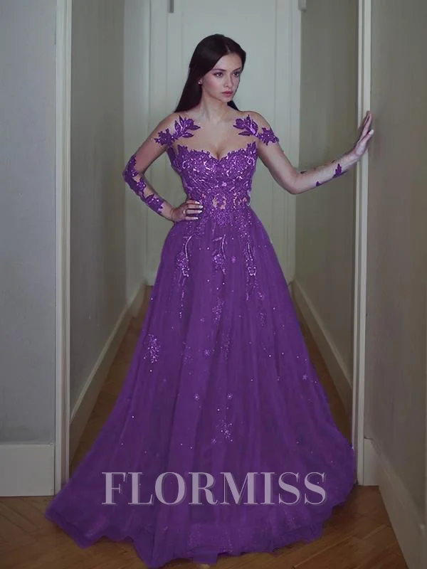 A-Line/Princess Scoop Sweep Train Tulle Prom Dresses With Appliques Lace