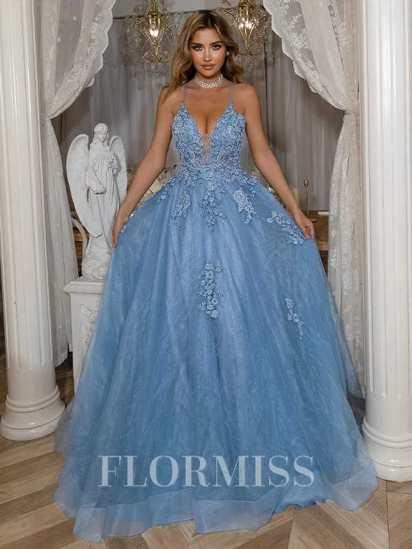 A-Line V-neck Tulle Spaghetti Straps Appliques Lace Sweep Train Dress