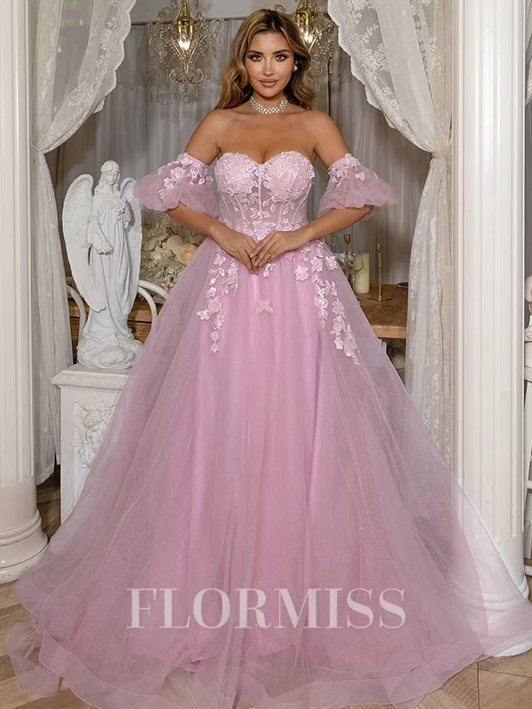 A-Line Sweetheart Ruffles Strapless Appliques Lace Sweep Train Dress