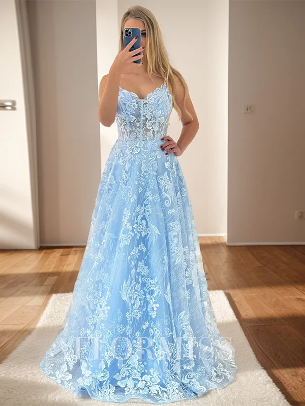 A-line V-neck Sweep Train Lace Corset Dress