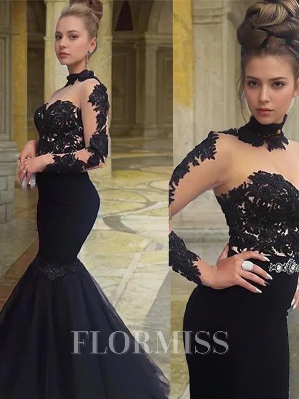 Trumpet/Mermaid High Neck Floor-Length Tulle Prom Dresses With Appliques Lace