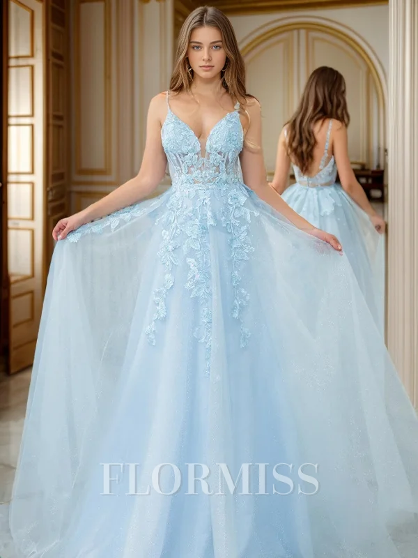 A-line V-neck Appliques Lace Floor-Length Tulle Corset Dress