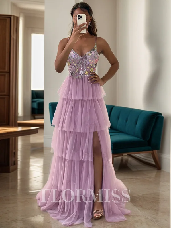 A-line V-neck Appliques Lace Sweep Train Tulle Corset Dress