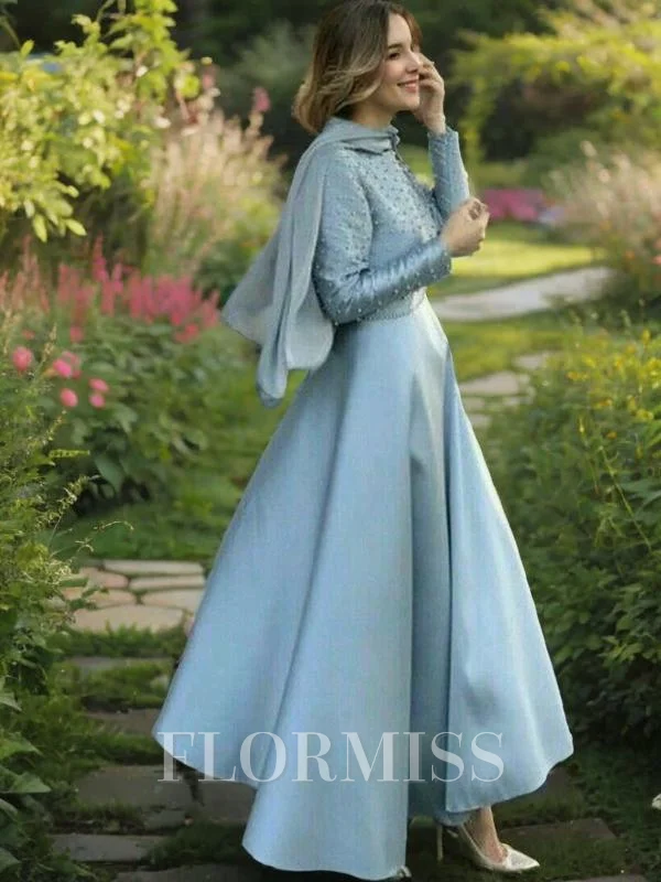 A-Line/Princess Scoop Ankle-Length Satin Prom Dresses With Beading