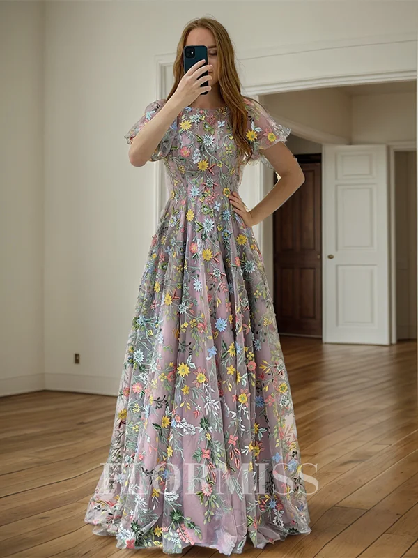 A-line Scoop Short Sleeves Appliques Lace Sweep Train Lace Dress