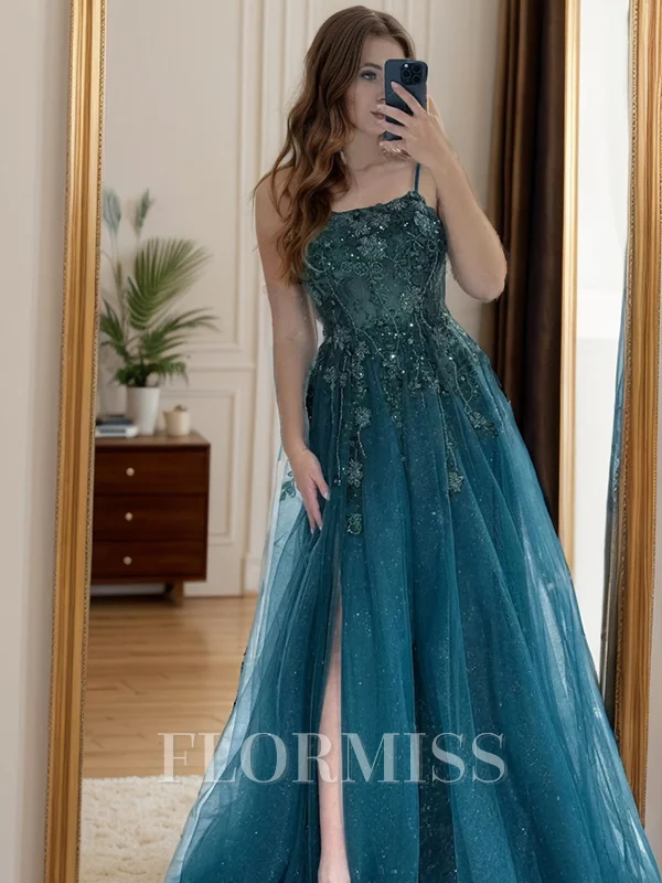 A-line Spaghetti Straps Appliques Lace Floor-Length Tulle Dress