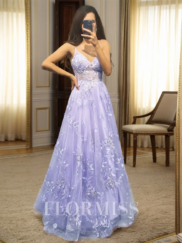 A-line V-neck Appliques Lace Floor-Length Tulle Dress