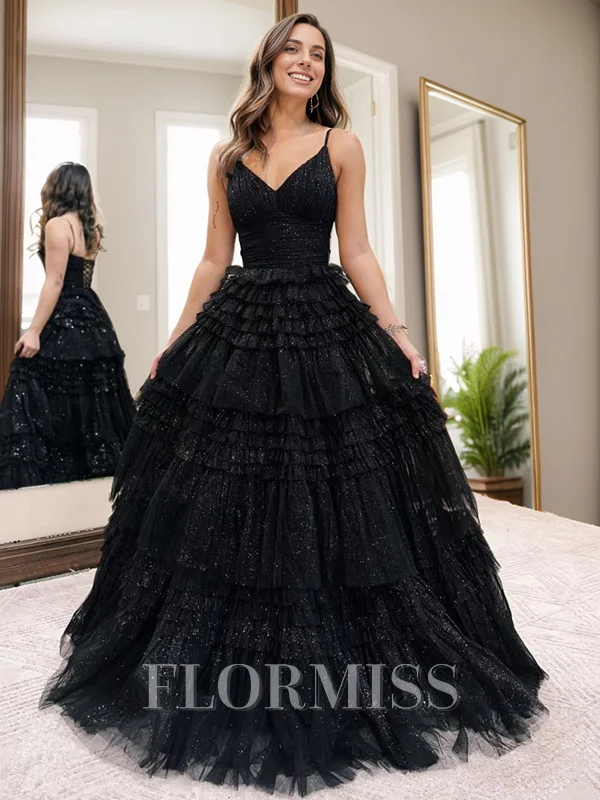 A-line V-neck Ruffles Floor-Length Dress
