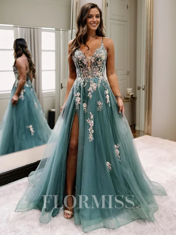 A-line V-neck Appliques Lace Sweep Train Tulle Dress
