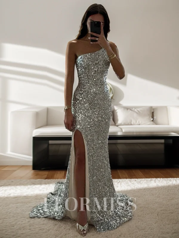 Sheath One-Shoulder Sweep Train Velvet Sequins Dress