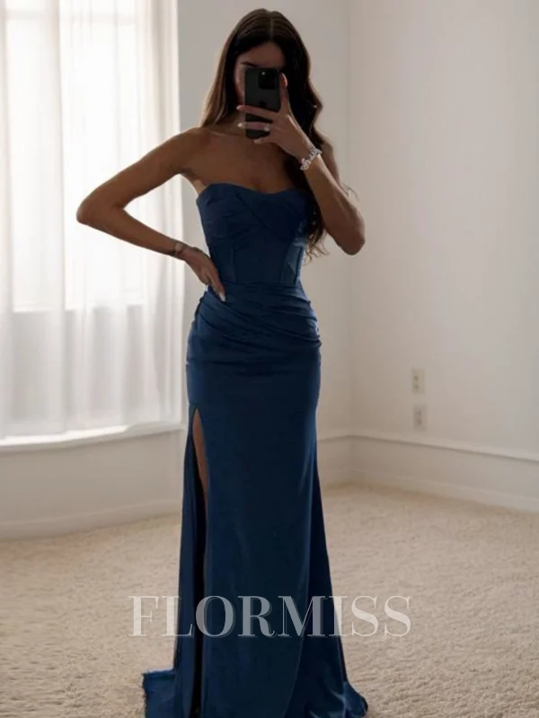 Sheath Straight Pleated Sweep Train Silk Like Satin Dress