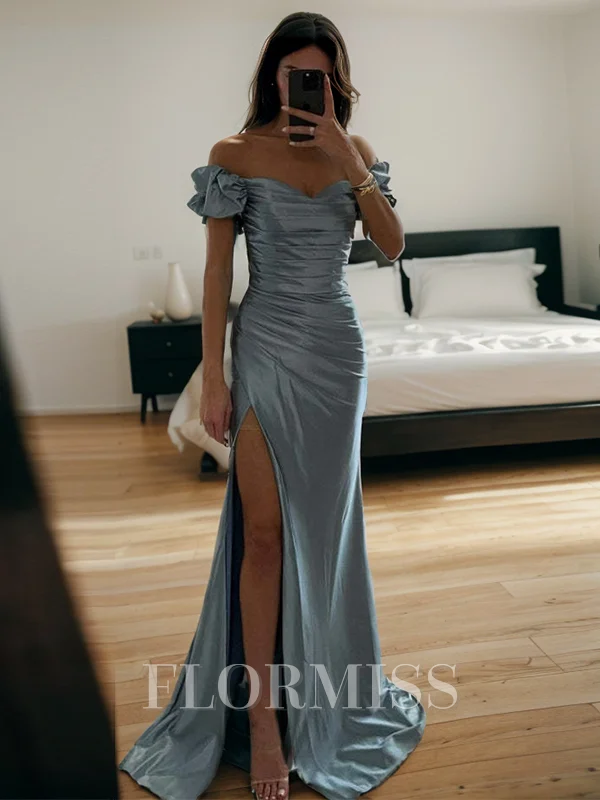 Sheath Off-the-Shoulder Pleated Sweep Train Silk Like Satin Dress