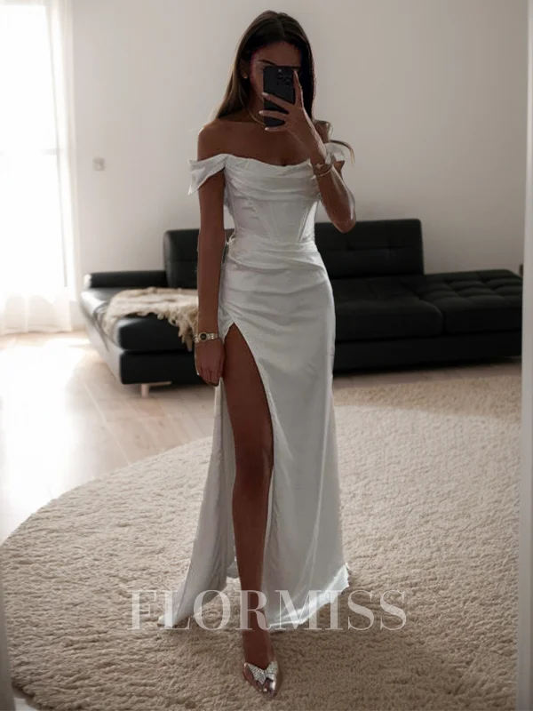 Sheath Off-the-Shoulder Pleated Floor-Length Silk Like Satin Dress