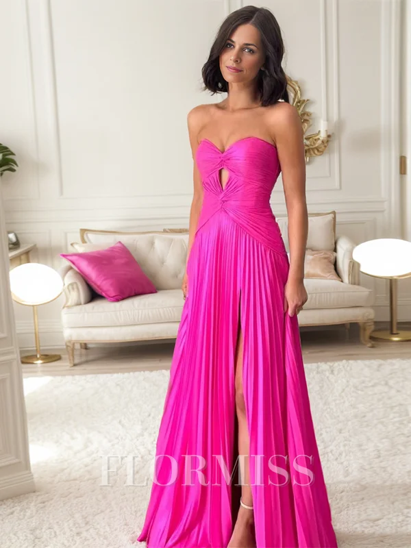 A-Line/Princess Sweetheart Sweep Train Silk Like Satin Dresses with Leg Slit