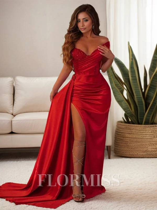 Sheath/Column Off-the-Shoulder Floor-Length Silk Like Satin Dresses with Leg Slit