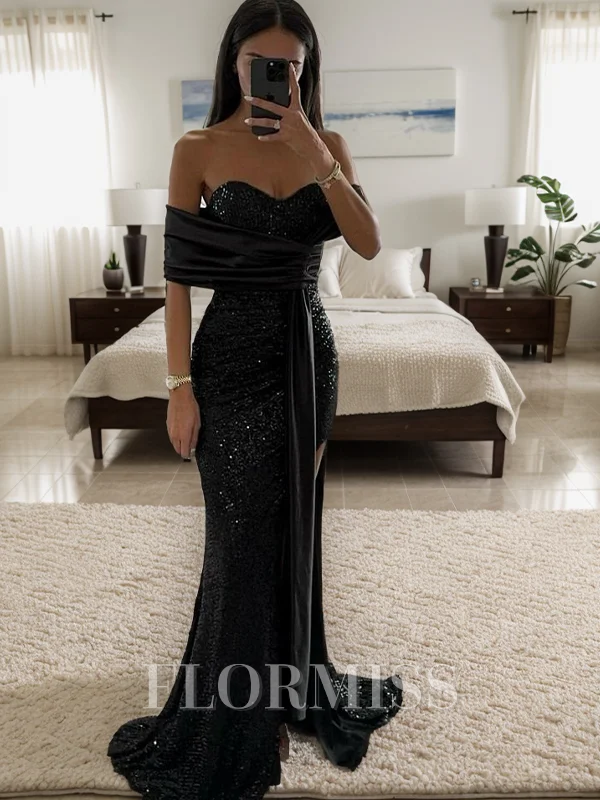 Sheath/Column Off-the-Shoulder Sweep Train Sequins Dresses with Leg Slit