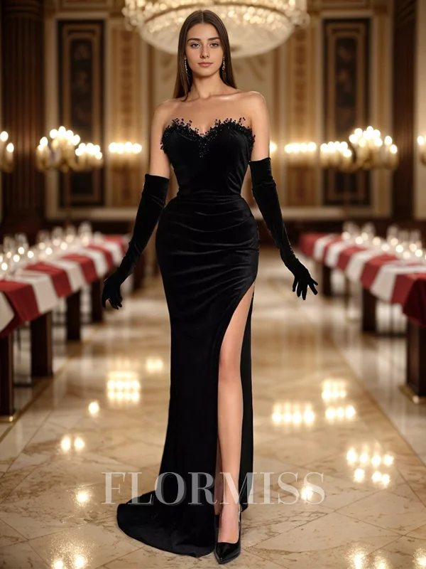 Sheath/Column Sweetheart Sweep Train Velvet Dresses with Leg Slit
