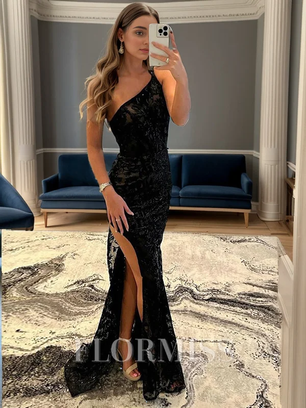 Sheath/Column One-Shoulder Black Sleeveless Sweep Train Lace Dress