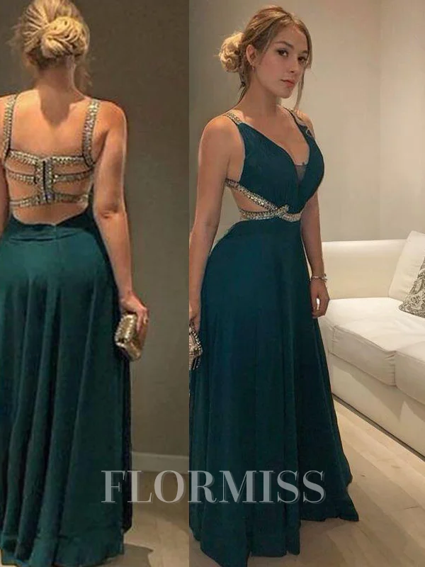 A-Line/Princess V-neck Floor-Length Chiffon Prom Dresses With Beading