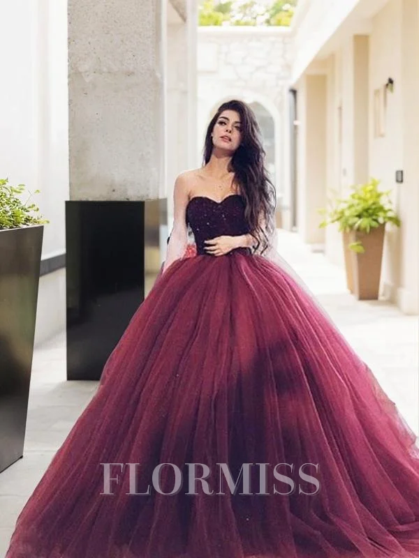 Ball Gown Sweetheart Floor-Length Tulle Prom Dresses With Beading