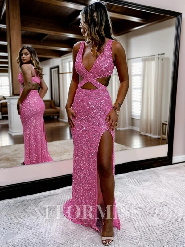 Sheath/Column Velvet Sequins V-neck Sleeveless Sweep Train Prom Dress