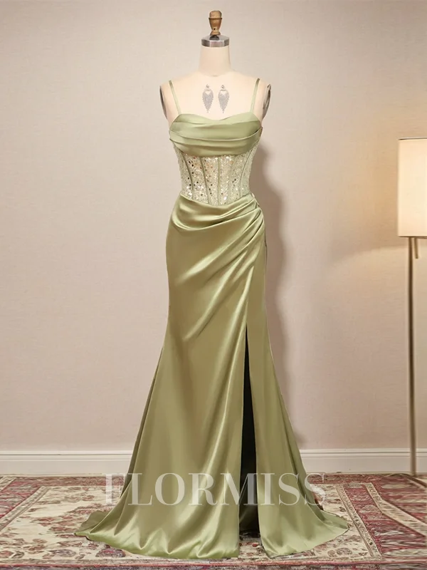 Sheath Spaghetti Straps Pleated Sweep Train Silk Like Satin Corset Dress