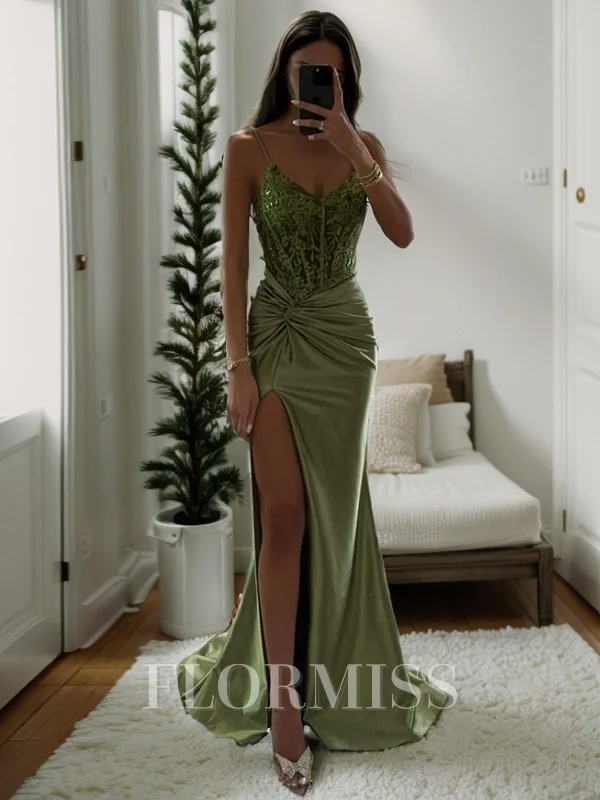 Sheath V-neck Appliques Lace Sweep Train Silk Like Satin Corset Dress