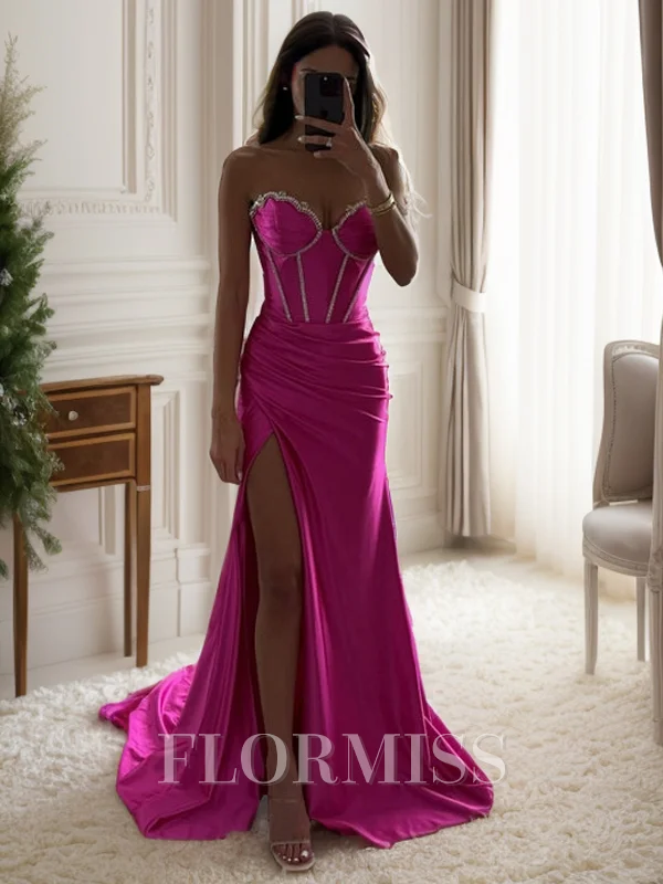 Sheath Sweetheart Pleated Sweep Train Silk Like Satin Corset Dress