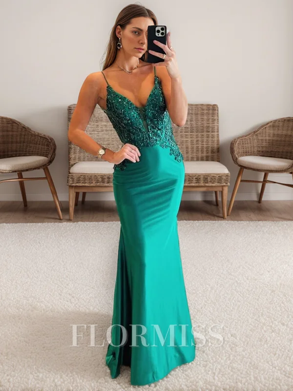 Sheath V-neck Appliques Lace Sweep Train Silk Like Satin Dress