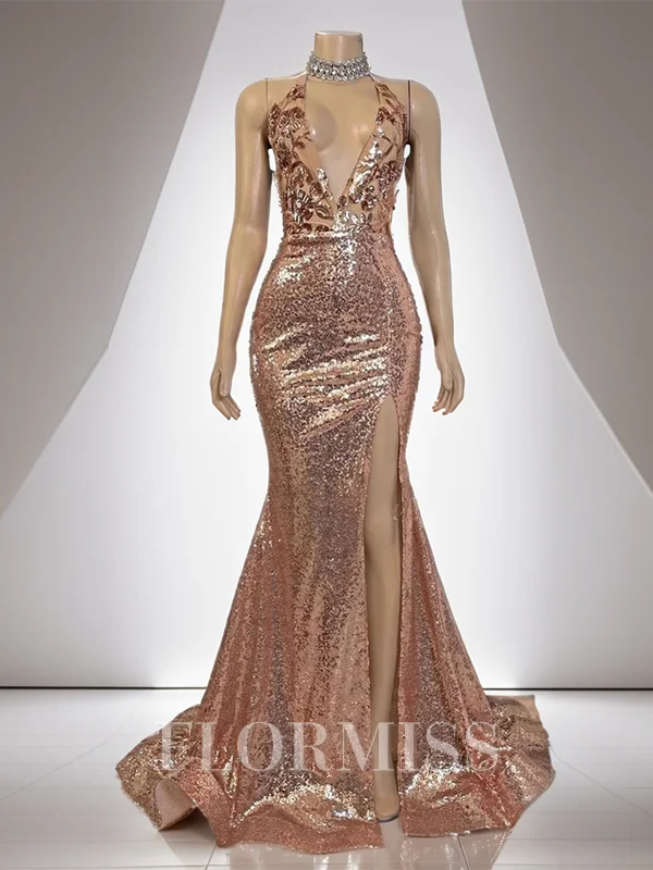 Sheath V-neck Sequin Sweep Train Sequins Dress