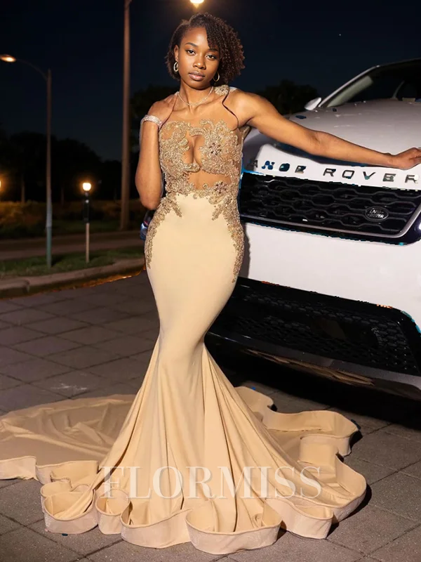 Mermaid Scoop Appliques Lace Chapel Train Jersey Dress